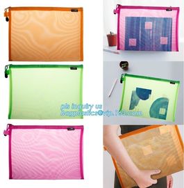 OEM mesh plastic A4 file bag with zipper, net netting document bag pouch, customized PEVA coated net polyester fabric fo