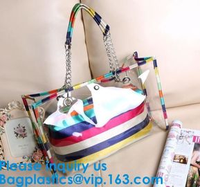 PVC Waterproof outdoor Travel Shopping Bags Fashion Lady Colorful Striped Beach Bags Waterproof Outdoor Beach Bean Bag