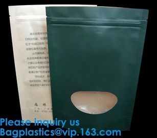 Natural Kraft Paper Flat Bottom Standup Pouch / Food Packaging Bags With Window,Foil Lined Standup Kraft Paper Envelopes