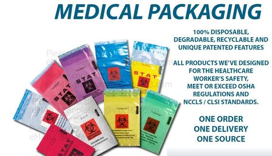 Medical packaging bags, SPECIMEN BIOHAZARD bag, LAB bags, LAB supplies, self seal bag, adhensive SEAL BAGS, HOSPITAL PAC