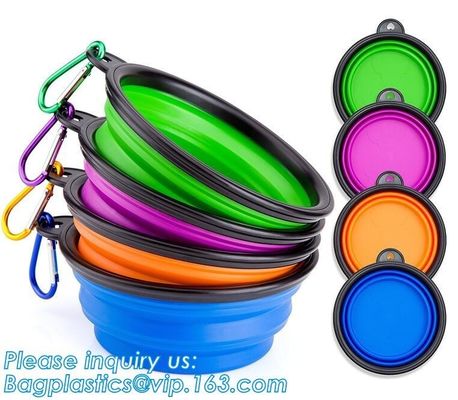 Wholesale Silicone Portable Food Grade Unbreakable Stocked Colorful Collapsible Pet Dog Bowl With Hook, Portable Foldabl