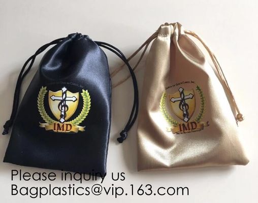 Full Color Printing Gold and Black Satin Drawstring Bag, Silver Satin Drawstring Bag With Wide Ribbon,Virgin Hair pack