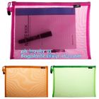 PVC Netting Ziplock Document Bag with Pocket, A4 Size ladies plastic document bag for student, Netting surface PVC pen f