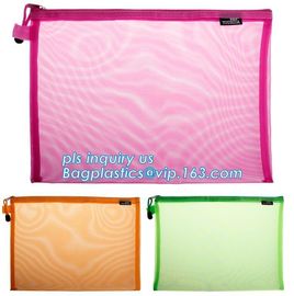 PVC Netting Zip lockk Document Bag with Pocket, A4 Size ladies plastic document bag for student, Netting surface PVC pen f