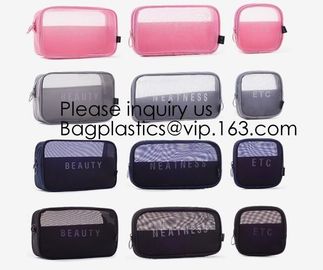 Travel toiletry pouch cosmetic makeup organizer bag zipper transparent pvc mesh bags,pouch nylon cosmetic gift bags&amp;case