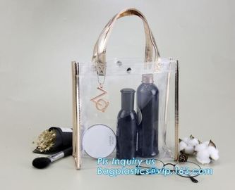 promotional clear pvc cosmetic bags handle zipper for sale, eco soft loop die cut pvc clear handle plastic shopping bags