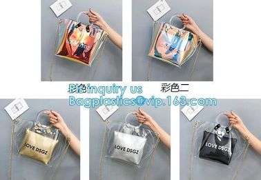 fashion women's handbag tote bag with zipper shopping bag ladies handbag shiny durable clear PVC lady bag with pouch