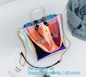 fashion women's handbag tote bag with zipper shopping bag ladies handbag shiny durable clear PVC lady bag with pouch