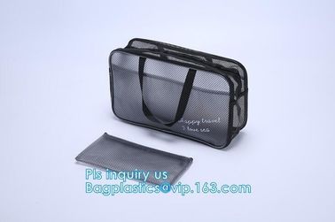 multi-purpose washable portable breathable 3 pcs polyester mesh travel cosmetic bag, Mesh Zipper Black Makeup Pouch Cosm