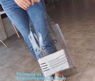 Zipper Clear Stadium PVC Shopping Tote Bag With Side Pocket, promotional shiny vinyl pvc shopping tote bag, 600D PVC Pol