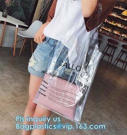 Zipper Clear Stadium PVC Shopping Tote Bag With Side Pocket, promotional shiny vinyl pvc shopping tote bag, 600D PVC Pol