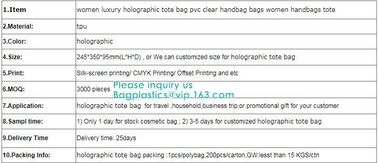 Neon Rainbow Hologram PVC Tote Bag custom holographic handbag PVC handle beach bag,Cosmetic Makeup Travel Pouch,Zipper