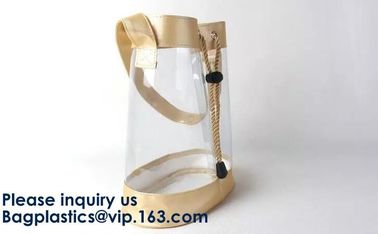 Transparent PVC Drawstring Bag With Colorful Rope,Clear PVC drawstring bag with gold string,Pvc Strips Printing Gift Pac