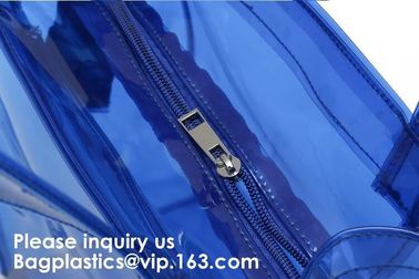 Beach Bag Clear PVC Bag Tote With Inner Pocket And Zipper Closure,PVC Bag Beach Tote With Black Handles, Bagease