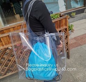 Waterproof All Over Printing PVC Coating Tote Shoulder Fabric Shopping Bag With Gusset And Lining,Jelly Clear Plastic PV