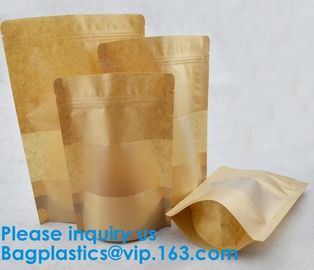 Natural Kraft Paper Flat Bottom Standup Pouch / Food Packaging Bags With Window,Foil Lined Standup Kraft Paper Envelopes