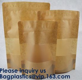 Natural Kraft Paper Flat Bottom Standup Pouch / Food Packaging Bags With Window,Foil Lined Standup Kraft Paper Envelopes