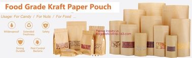 Natural Kraft Paper Flat Bottom Standup Pouch / Food Packaging Bags With Window,Foil Lined Standup Kraft Paper Envelopes