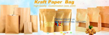 Natural Kraft Paper Flat Bottom Standup Pouch / Food Packaging Bags With Window,Foil Lined Standup Kraft Paper Envelopes