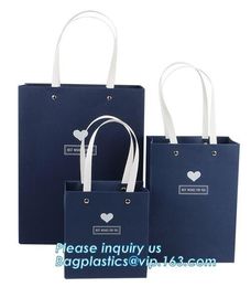 Luxury custom desgin hot stamping satin ribbon bow beauty gift paper shopping carrier bag with handle, bagplastics pac