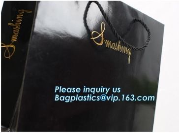 Laminated Customized Luxury Retail Shopping Packaging Logo Gold foil Paper Bags For Clothes / Clothing with Ribbon Bow