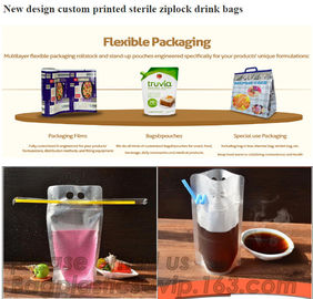 Juice Drink Pouches Heavy Duty Hand-held Reclosable Zipper bags Stand-up Heat-proof Plastic Pouches with straw pouch sac