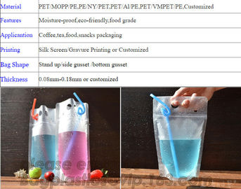 Juice Drink Pouches Heavy Duty Hand-held Reclosable Zipper bags Stand-up Heat-proof Plastic Pouches with straw pouch sac