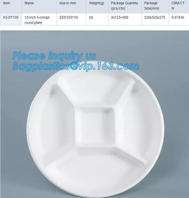 Eco Friendly sugarcane bagasse plates display tray,disposable 5 compartments sugarcane pulp plates with lid, bagplastics