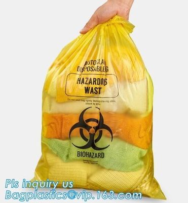 HDPE materials yellow color disposable plastic medical biohazard bag, Autoclavable Polypropylene Bags with Message, pac