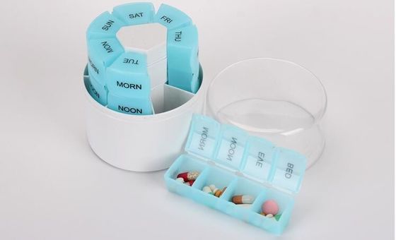 28 compartment column shape plastic pill storage box with pill crush box, Conventional eco-friendly 4 grids plastic trav