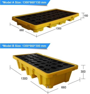 Detachable plastic 4 drum oil spill pallet, 1300*660*150 mm 2 drum spill containment pallet, Nestable 2 drum spill conta