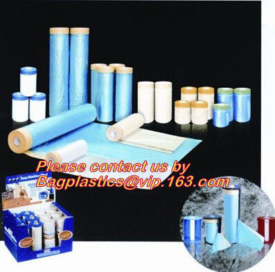 plastic drop cloth, PE drop cloth, plastic masking film, Taped clear HDPE plastic masking film drop film, House Painting