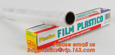 Extended plastic cling wrap pe pvc food film with customized logo, wholesale clear PE food grade kitchen