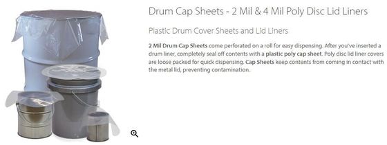 Drum cover dust caps, round bottom drum liners, drum cap sheets, poly disc lid liners, 5 gallon, 15 gallon, 30 gallon, 5