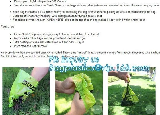 Biodegradable Green Dog Poop Bag Bulk  with Free Baggie Bone Dispener, HDPE+D2W/EPI/Cornstarch to make the bags Biodegra