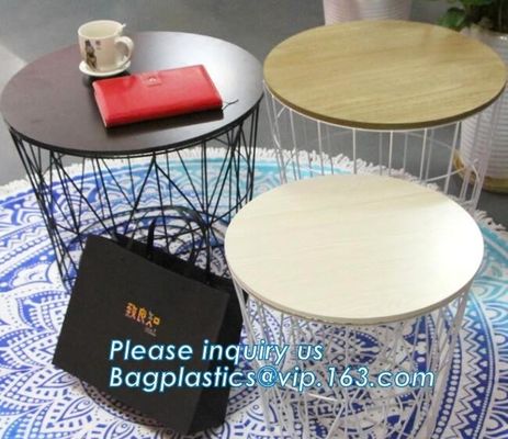 Wooden top metal wire coffee table design, customized design size wire coffee side tables, Black iron base and transpare