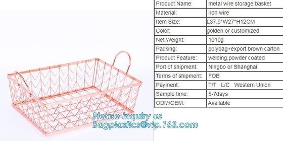 Metal Wire storage basket,rose gold metal wire storage basket for kitchen bathroom office, metal chicken wire storage ba