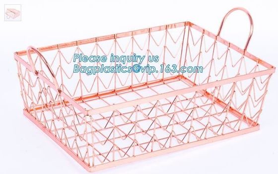 Metal Wire storage basket,rose gold metal wire storage basket for kitchen bathroom office, metal chicken wire storage ba