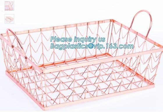 Metal Wire storage basket,rose gold metal wire storage basket for kitchen bathroom office, metal chicken wire storage ba