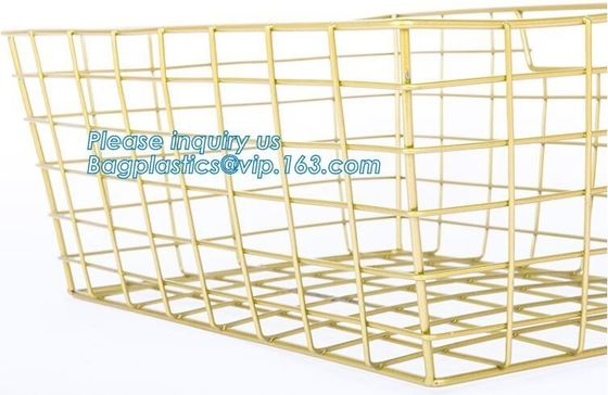 metal wire storage basket with tray in whole sale lowest MOQ sale even just buy 1 set, Kitchen storage Rose gold wire me