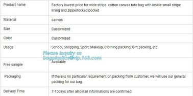 factory lowest price for wide stripe cotton canvas oxford canvas tote bag with inside small stripe lining and ziper lock