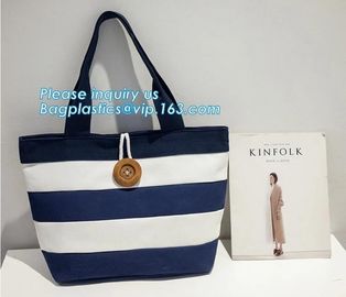 factory lowest price for wide stripe cotton canvas oxford canvas tote bag with inside small stripe lining and ziper lock