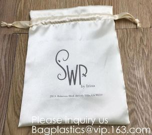 Customized Satin Hair Bag,Small Recyclable Gift Bag,Double Satin Drawstring Bag,Luxury Shinny Cream Satin Pouch With Rib