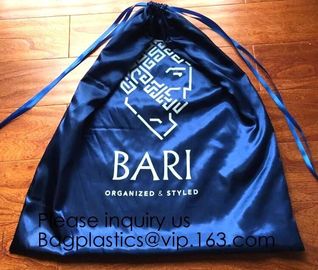 Large Dark Navy Blue Satin Dust Bag With Drawstring,Thick Black Satin Pouch With Gold Printing, bag with Printed Ribbon