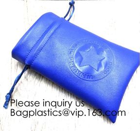 Promotional Blue PU Leather Drawstring Pouch,ultra soft inner lining Headphone Protection Pouch BagSport Beach Travel Ou