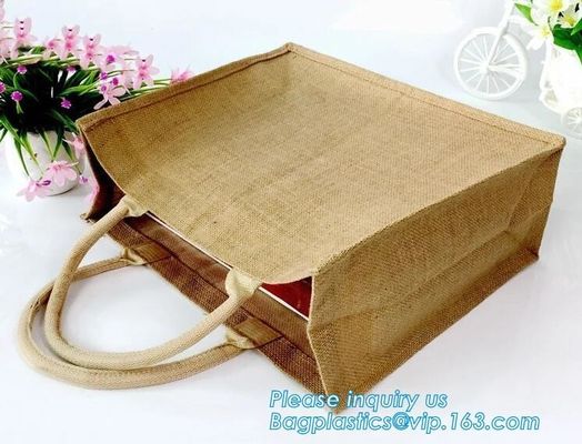 Natural Burlap Tote Shopping Bags Reusable Jute Bags with Full Gusset with Handles Laminated Interior tote shopper pack