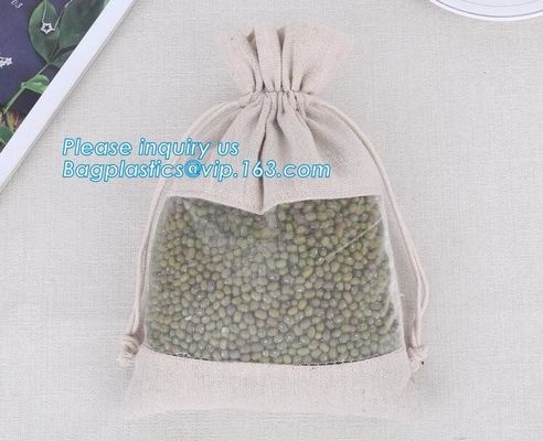 custom packaging mung bean cloth bag cotton hemp drawstring bag with clear plastic mesh window,Jute Drawstring Bag For G