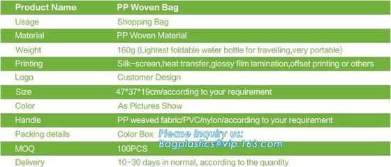 pp woven bag, silk screen, heat transfer, glossy film lamination, offset printing, pp weaved fabric, pvc, nulon, oem, pa