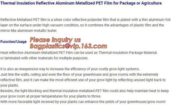 Thermal Insulation reflective aluminium metalized pet film for package or agriculture,Metallized PET /PE coated Film PET